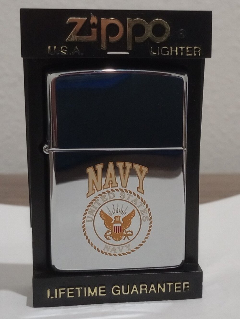 VINTAGE 90s ZIPPO US NAVY CHROME & GOLD LIGHTER UNFIRED (NOS)